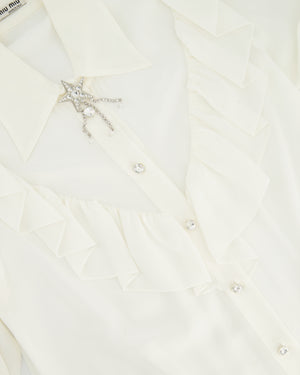 Miu Miu White Silk Blend Long Sleeve Blouse with Ruffle and Crystal Detail Size IT 38 (UK 6)