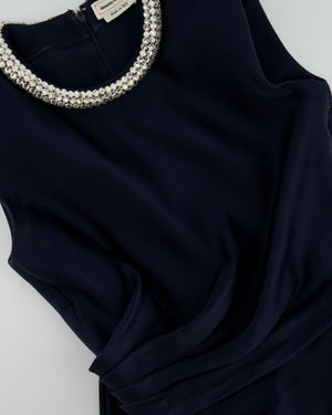 Alexander McQueen Navy Silk Midi Dress with Ruching and Silver Diamante Neck Detail Size IT 38 (UK 6)