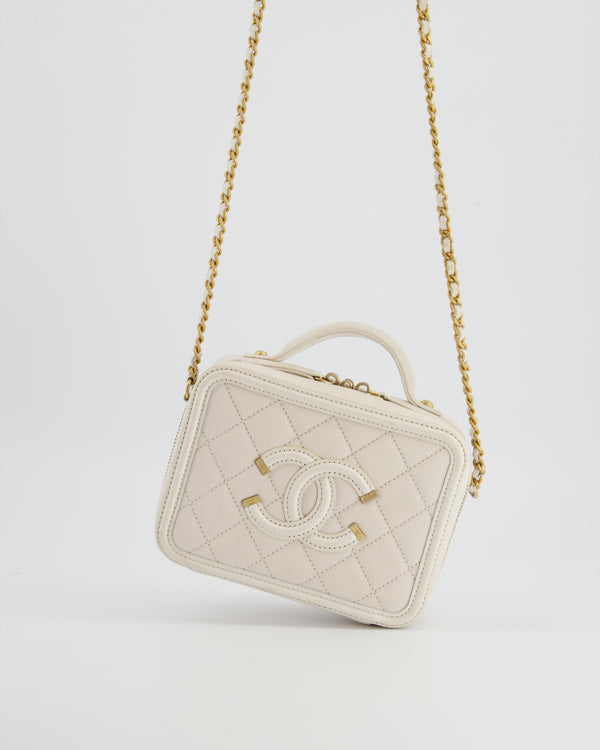 Chanel White Small Vanity Case Bag in Caviar Leather with Champagne Gold Hardware