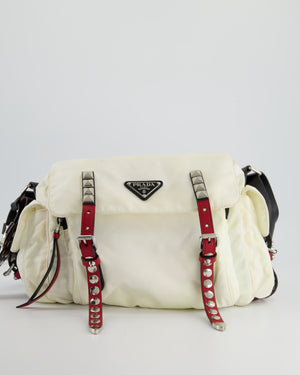 Prada Cream, Black & Red Nylon Vela Studded Messenger Bag with