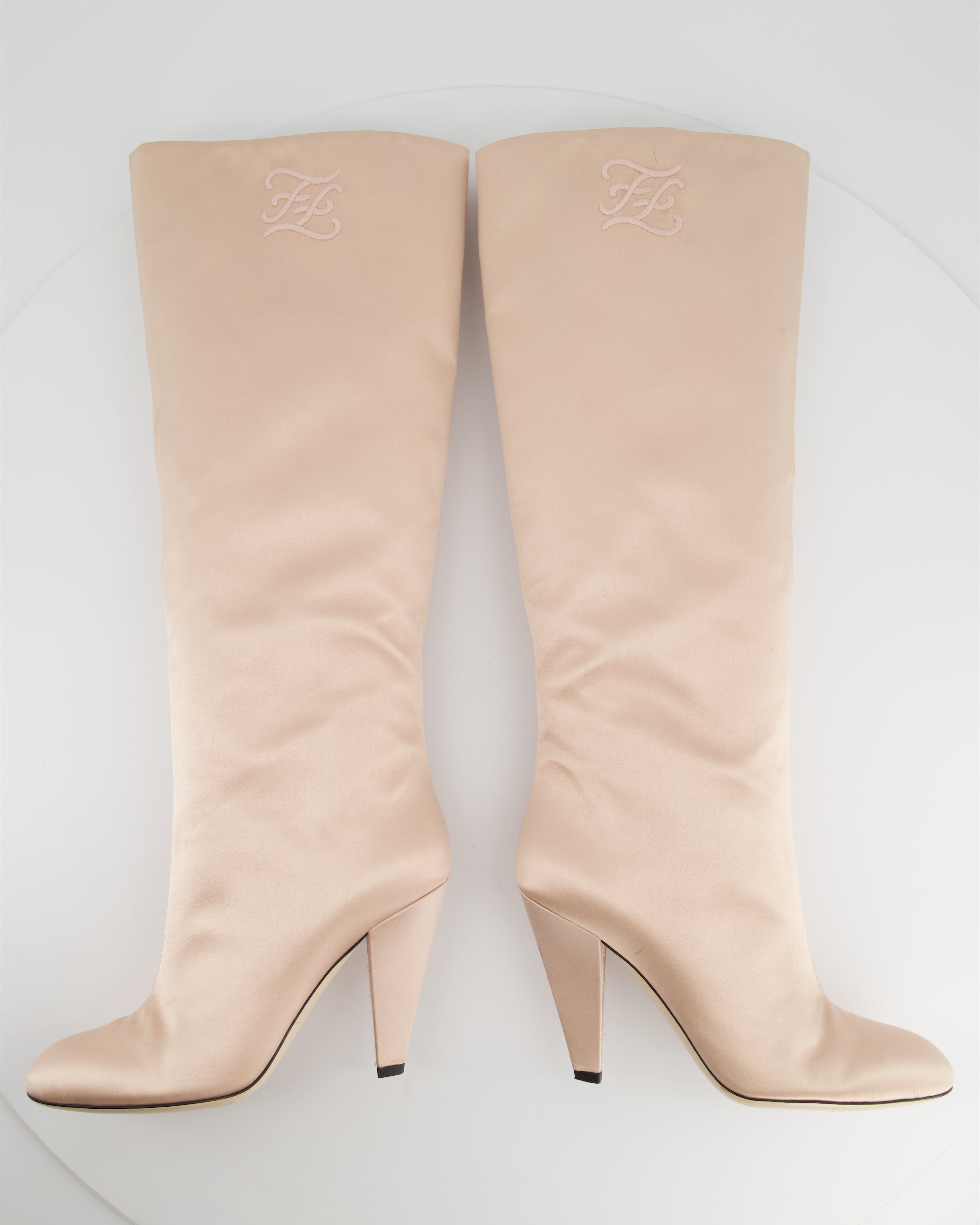 Fendi Blush Pink Satin Knee High Boots with Embroidered FF Logo Size E Sellier