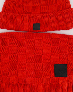 Louis Vuitton Red Cashmere Hat and Scarf Set with LV Logo Detail