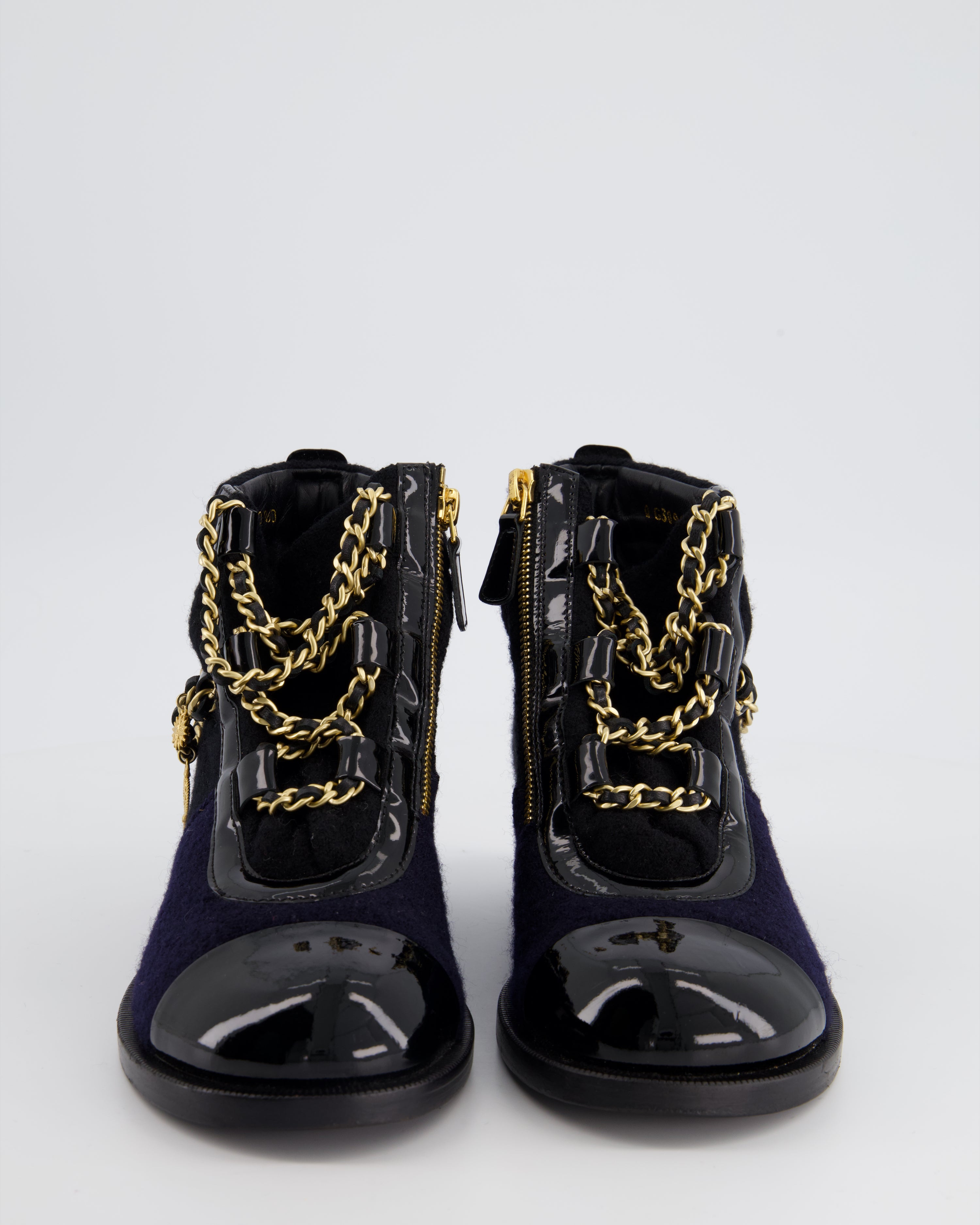 Chanel Navy Black Wool and Patent Ankle Boot with Brushed Gold Charm Sellier