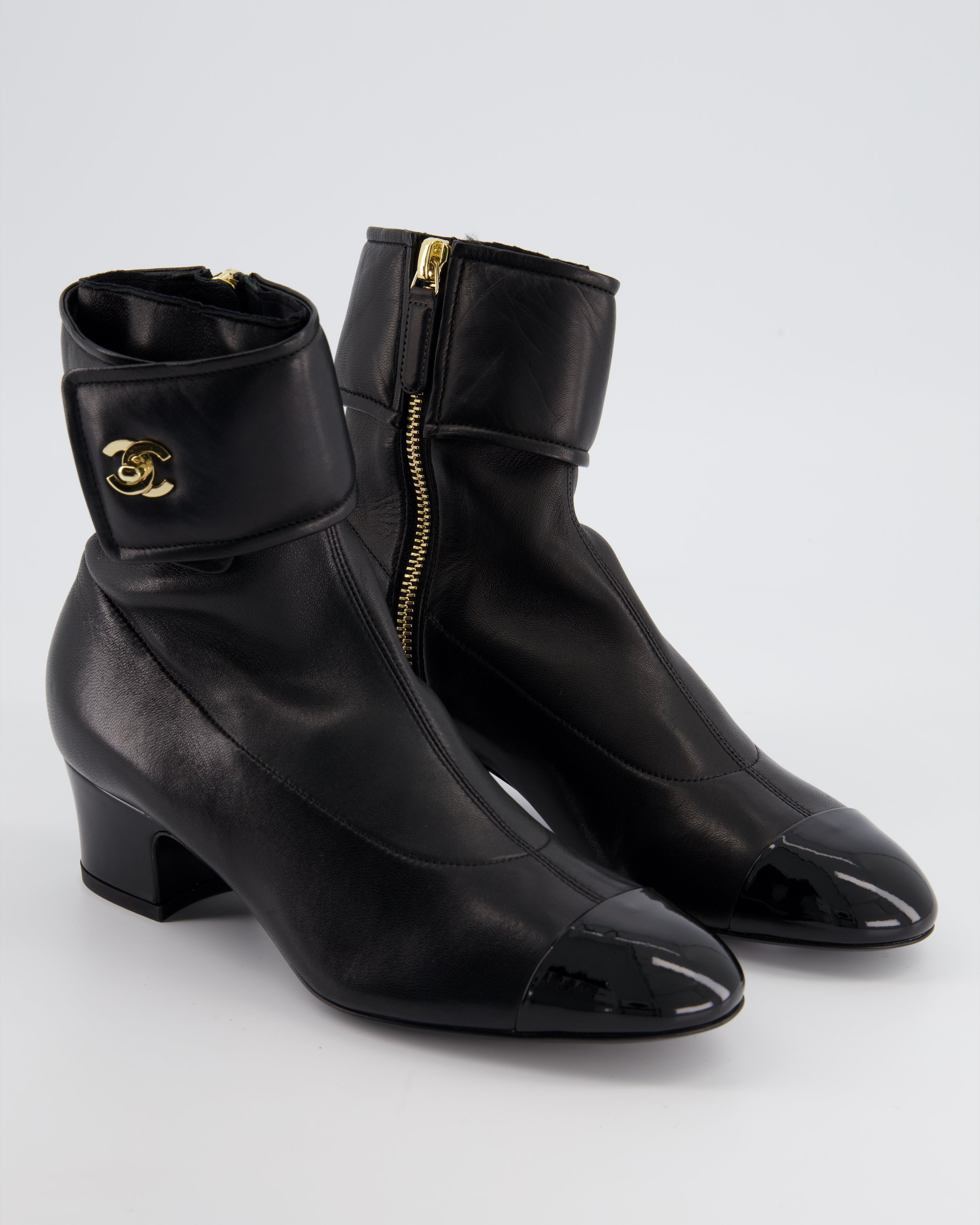 Chanel Black Leather Ankle Boots with Patent Toe and Champagne