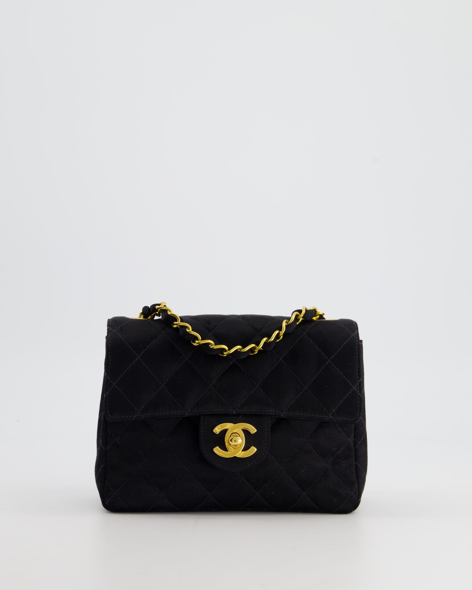 HOT Chanel Vintage Satin Black Mini Square Flap Bag with 24K Gold Ha Sellier