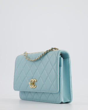 *HOT COLOUR* Chanel Baby Blue Quilted Trendy Wallet on Chain Bag in Lambskin Leather with Champagne Gold Hardware