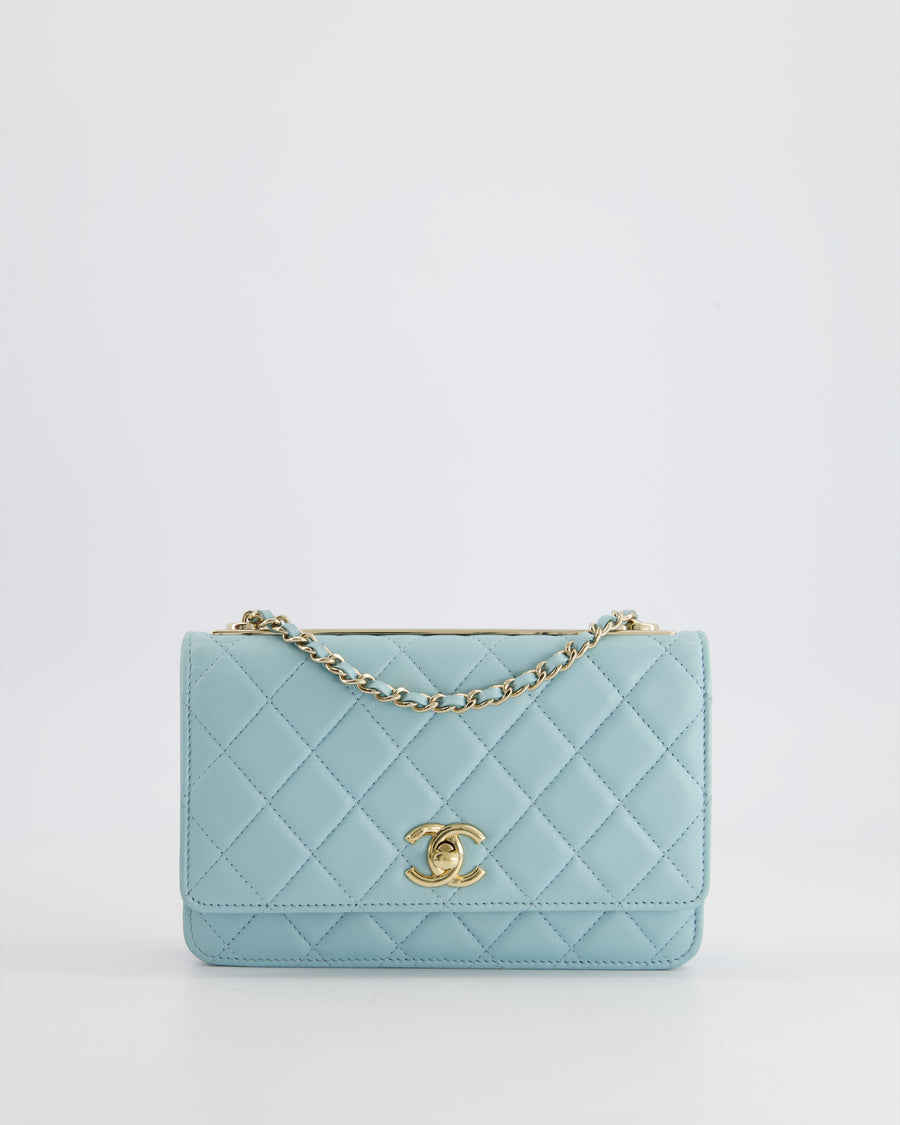 *HOT COLOUR* Chanel Baby Blue Quilted Trendy Wallet on Chain Bag in Lambskin Leather with Champagne Gold Hardware