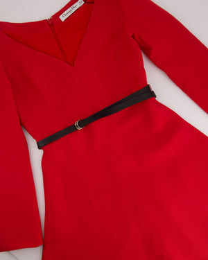 Christian Dior Red Sweetheart Neckline Long Sleeve Skater Dress with Belt  Detail FR 34 (UK 6)