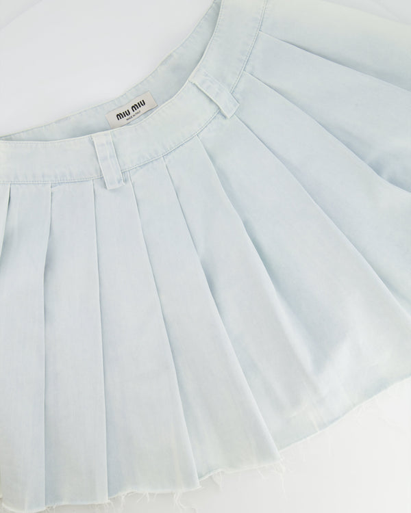 Miu Miu Light Blue Washed Denim Pleated Mini Skirt with Logo Detail Size IT 38 (UK 6) RRP £1,000