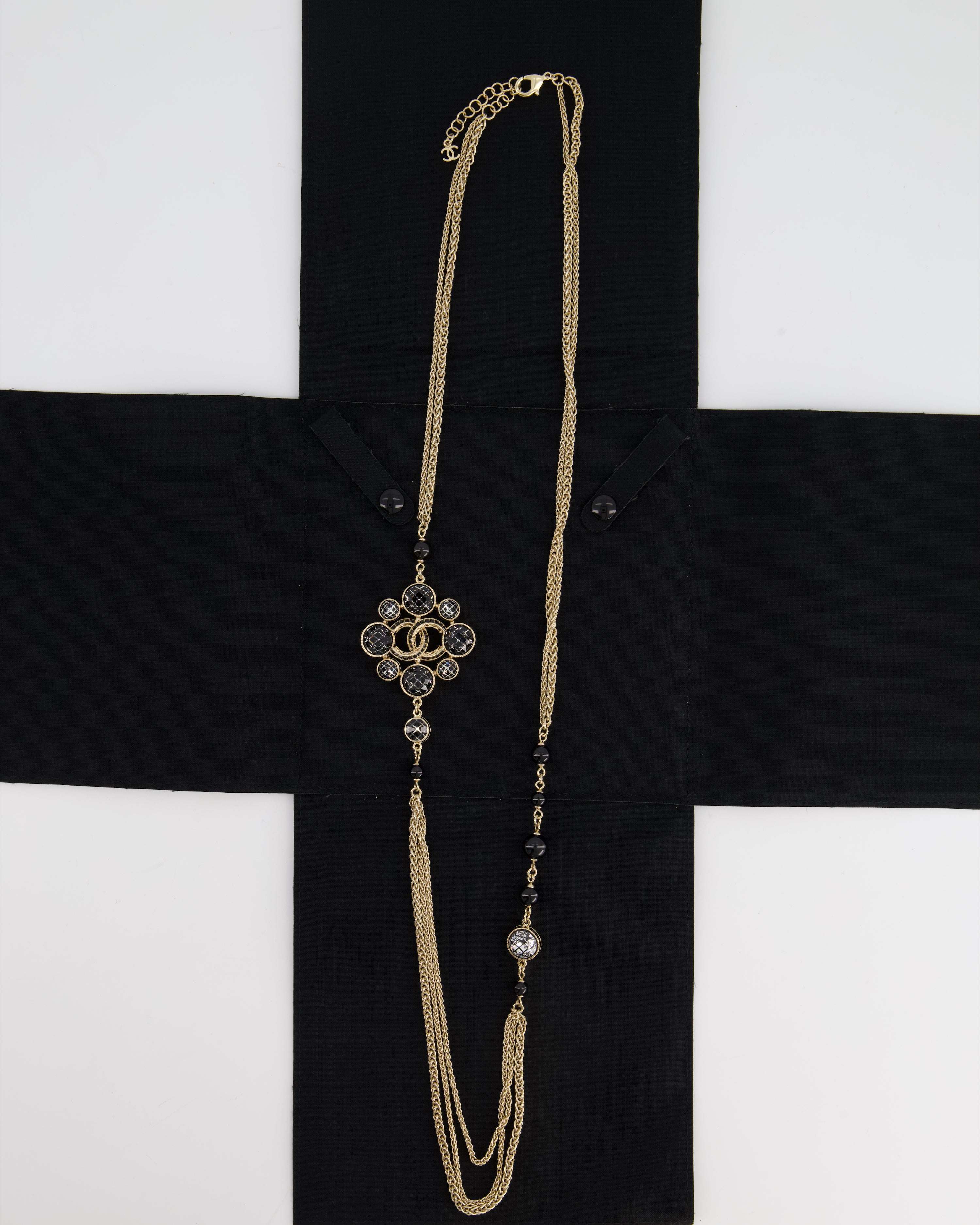 Chanel Champagne Gold and Black Long Necklace with double chain and Perspex  CC Logo Details