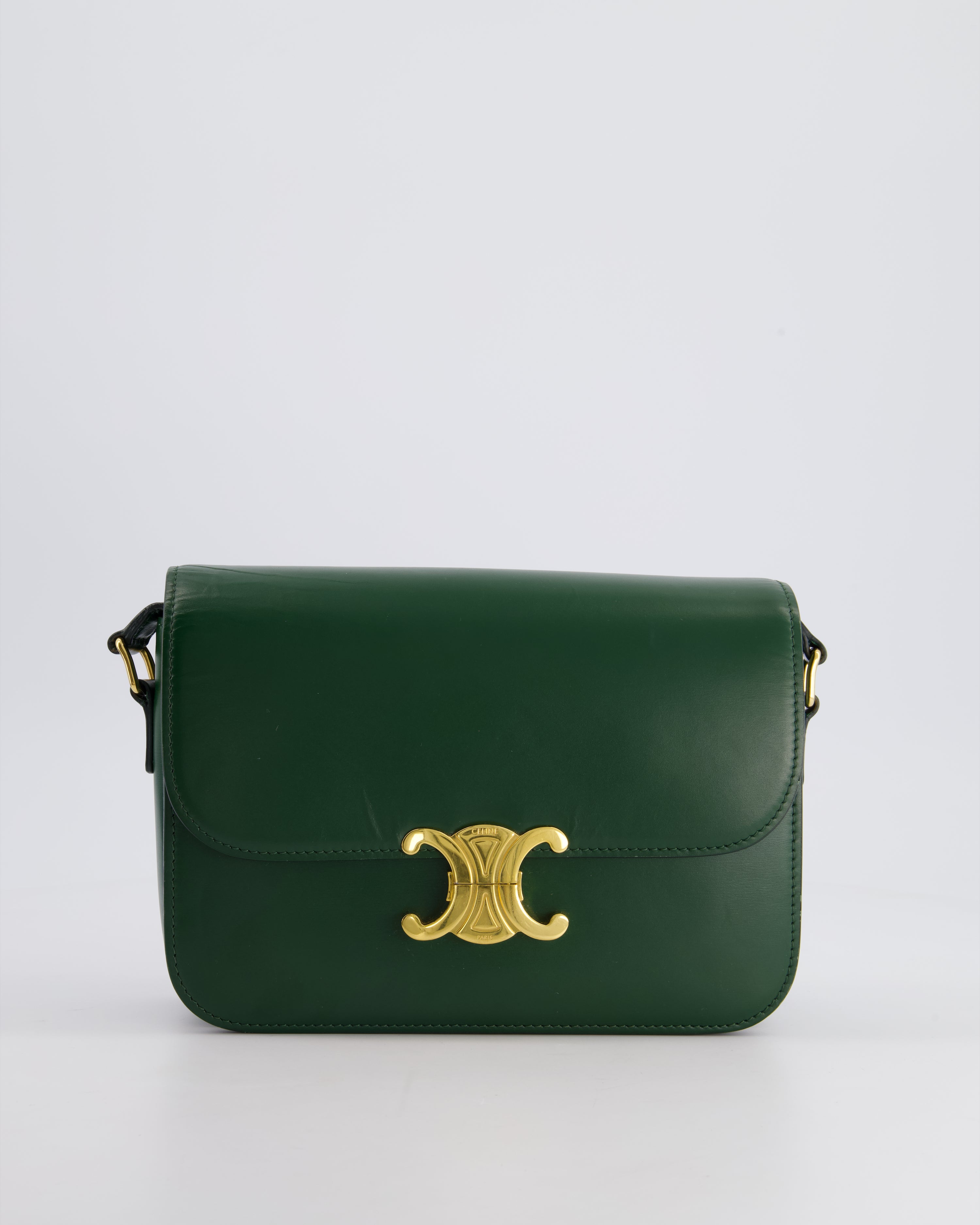 Celine Classique Medium Triomphe Bag in Forest Green Shiny