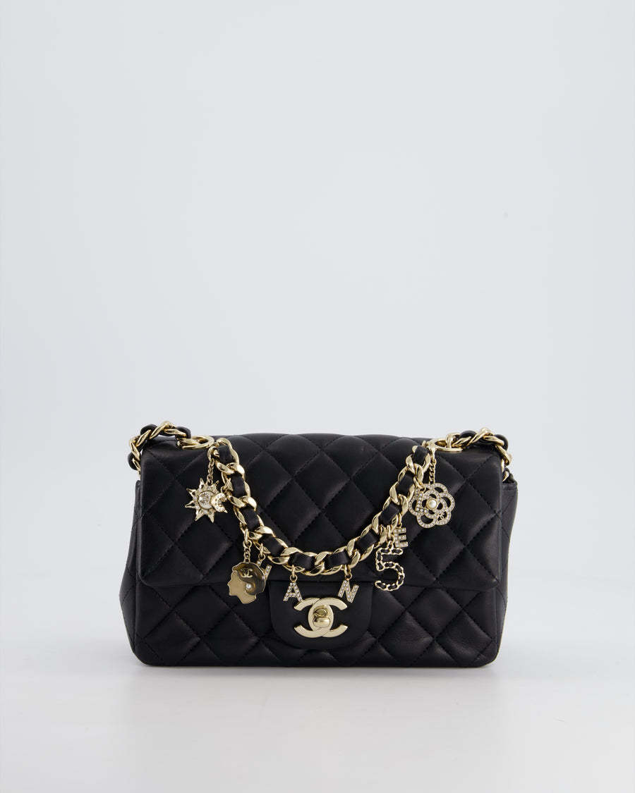 *HOT* Chanel 21C Black Coco Charms Mini Rectangular Flap Bag in Lambskin Leather with Champagne Gold Hardware