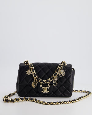 *HOT* Chanel 21C Black Coco Charms Mini Rectangular Flap Bag in Lambskin Leather with Champagne Gold Hardware