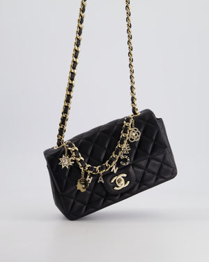 *HOT* Chanel 21C Black Coco Charms Mini Rectangular Flap Bag in Lambskin Leather with Champagne Gold Hardware