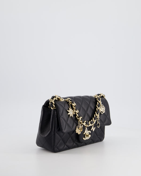 *HOT* Chanel 21C Black Coco Charms Mini Rectangular Flap Bag in Lambskin Leather with Champagne Gold Hardware