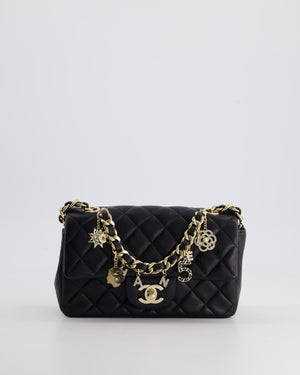 *HOT* Chanel 21C Black Coco Charms Mini Rectangular Flap Bag in Lambskin Leather with Champagne Gold Hardware