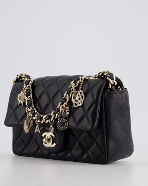 *HOT* Chanel 21C Black Coco Charms Mini Rectangular Flap Bag in Lambskin Leather with Champagne Gold Hardware