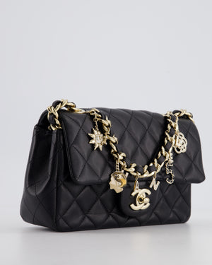 *HOT* Chanel 21C Black Coco Charms Mini Rectangular Flap Bag in Lambskin Leather with Champagne Gold Hardware