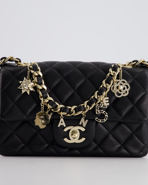 *HOT* Chanel 21C Black Coco Charms Mini Rectangular Flap Bag in Lambskin Leather with Champagne Gold Hardware