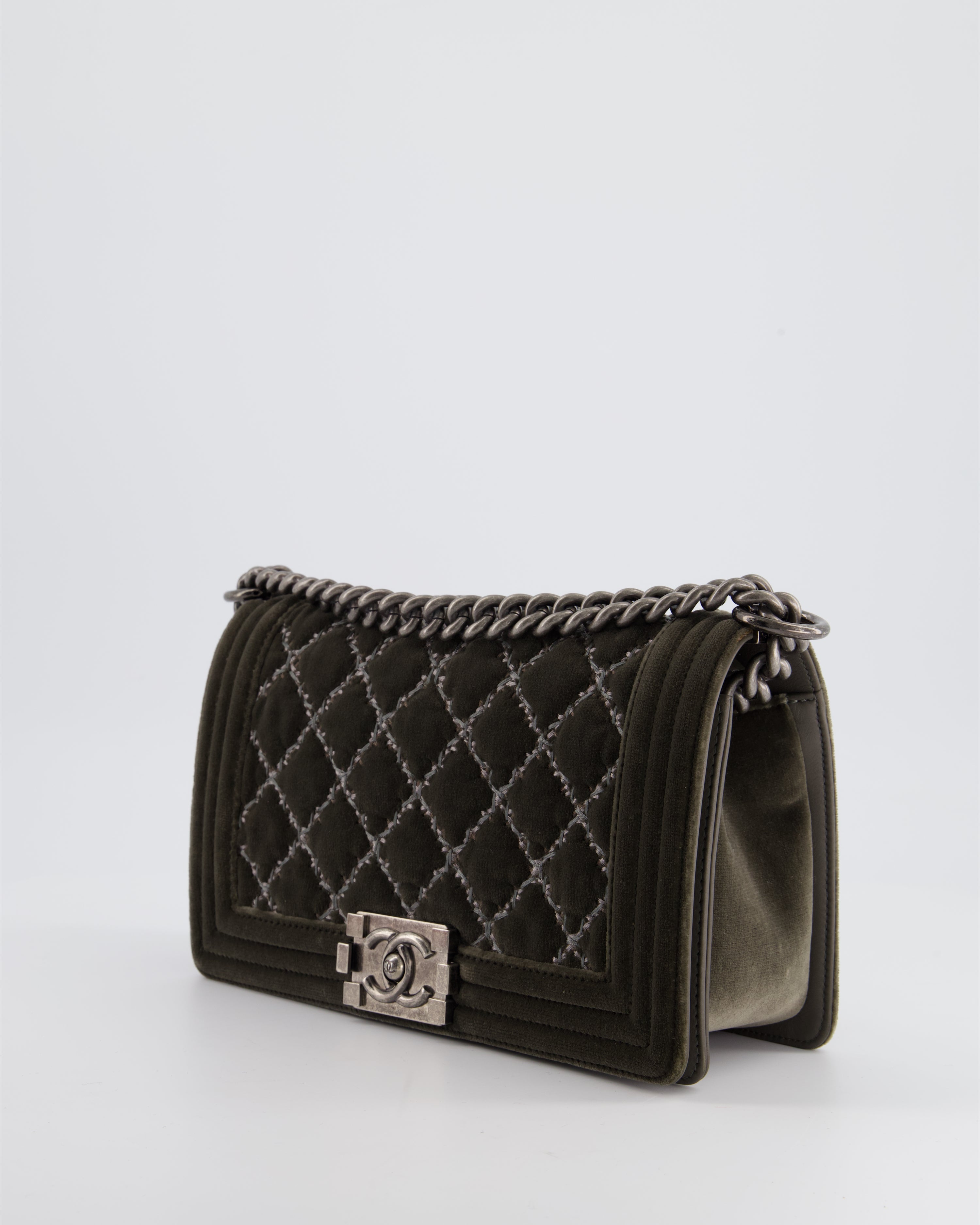 Chanel Medium Charcoal Grey Velvet Boy Bag with Contrast Stitching