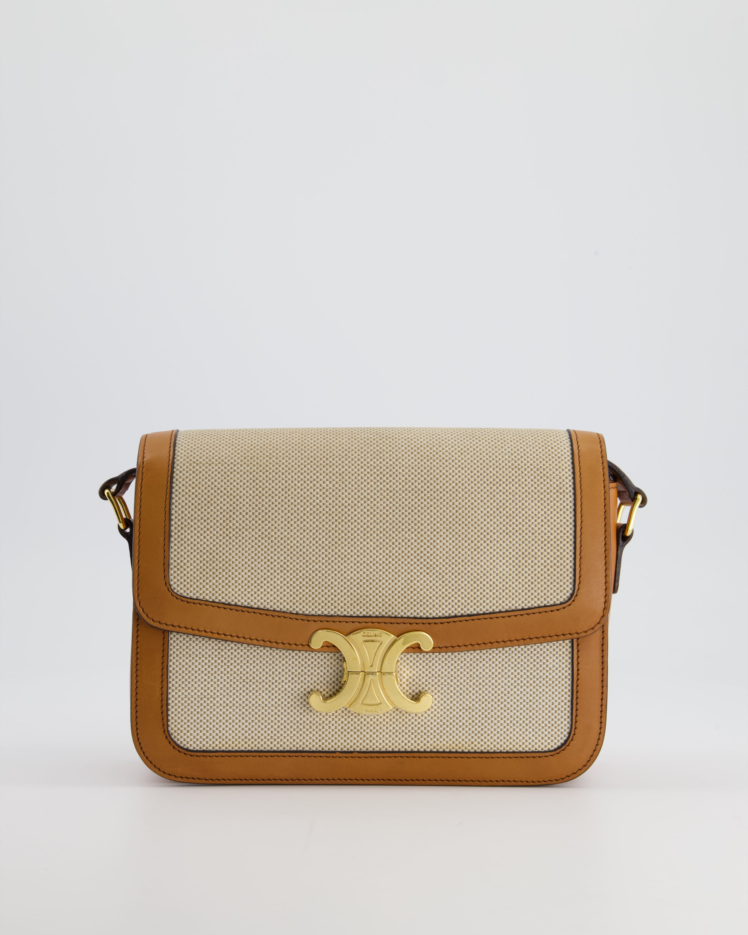 Celine Classique Triomphe Bag in Natural Textile and Tan Calfskin