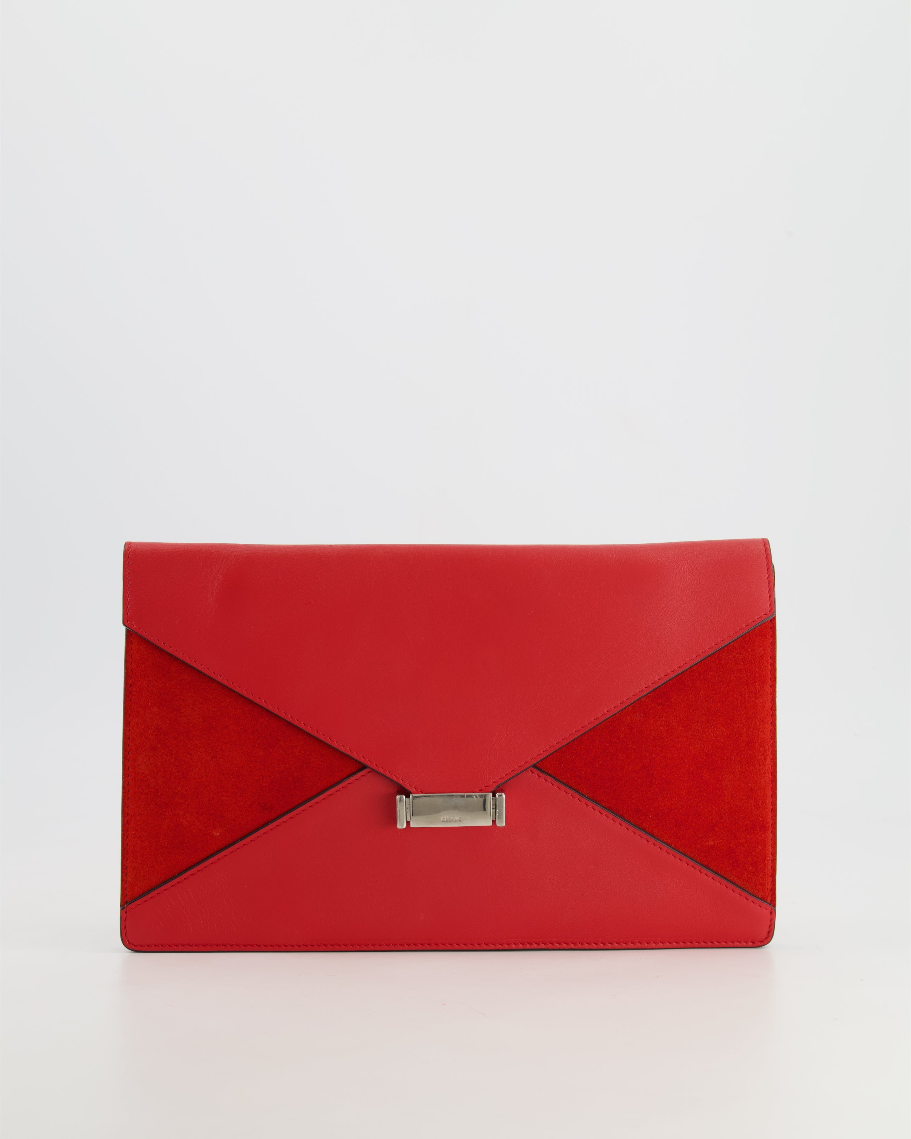 Celine Red Leather and Suede Envelope Pouch Bag with Silver Hardware Sellier