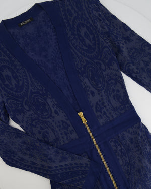 Balmain Blue Lace Mini Dress with Gold Zip Detail Size FR 38 (UK 10)