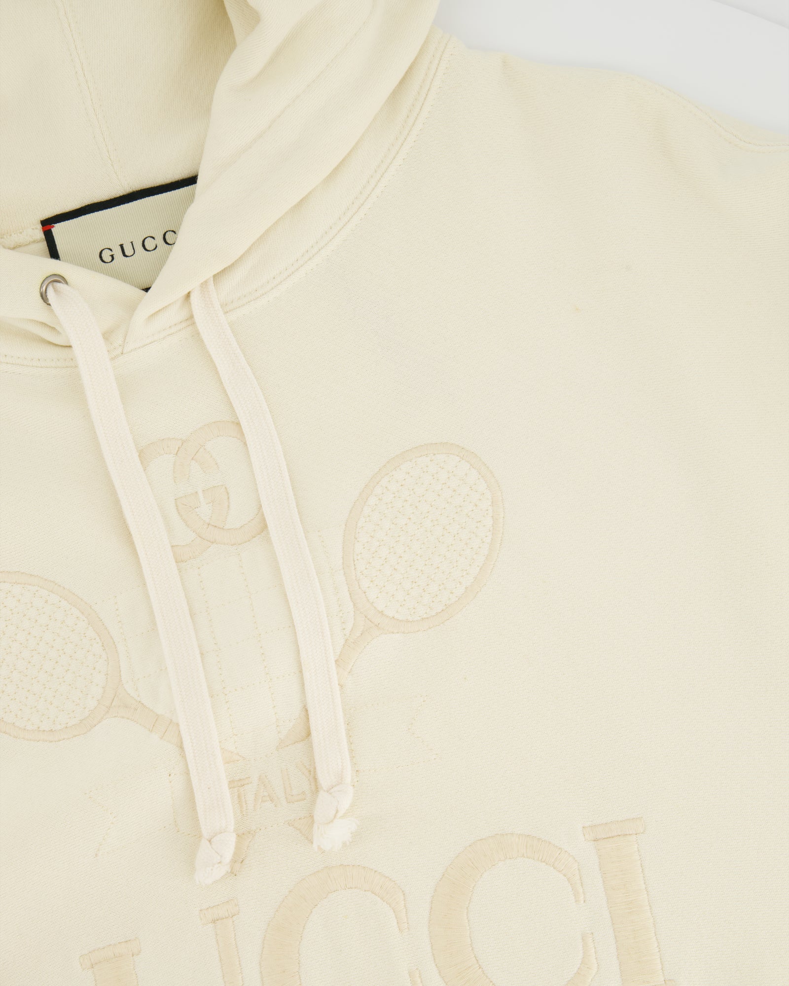 Gucci Cream Tennis Racket Embroidered Hoodie with Logo Detail Size IT Sellier