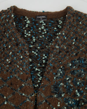 Chanel Brown and Metallic Blue Wool Cardigan with Coco Logo Detail Size FR 40/42 (UK 12/14)