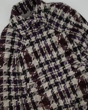 Chanel 19B Burgundy, Purple and White Houndstooth Longline Wool Coat with CC Button Detail Size FR 36 (UK 8) RRP £4700