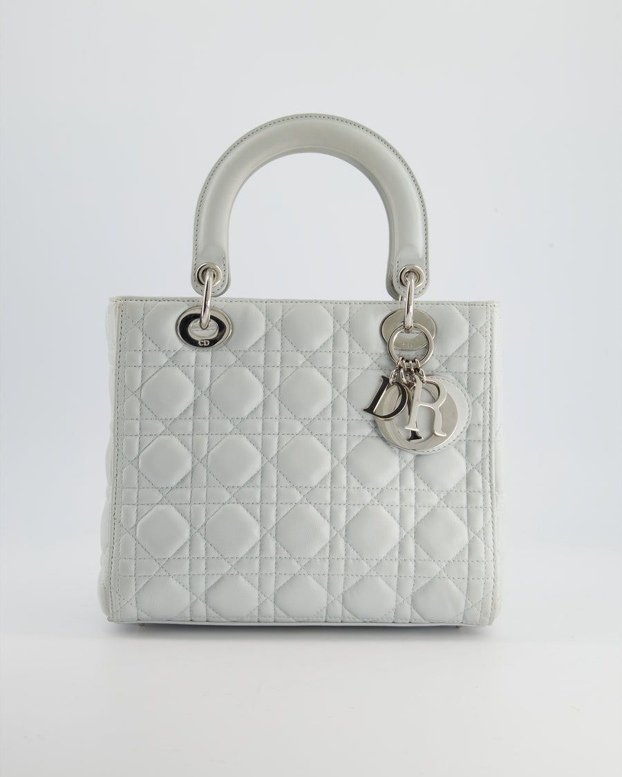 Christian Dior Ice Blue Medium Lady Dior Bag in Calfskin Leather with Silver Hardware