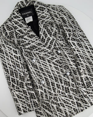 Chanel Black & White Checked Tweed Backless Jacket with Silver Screen Print and Pearl Belt at the Back Size FR 34 (UK 4)