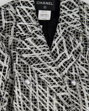 Chanel Black & White Checked Tweed Backless Jacket with Silver Screen Print and Pearl Belt at the Back Size FR 34 (UK 4)