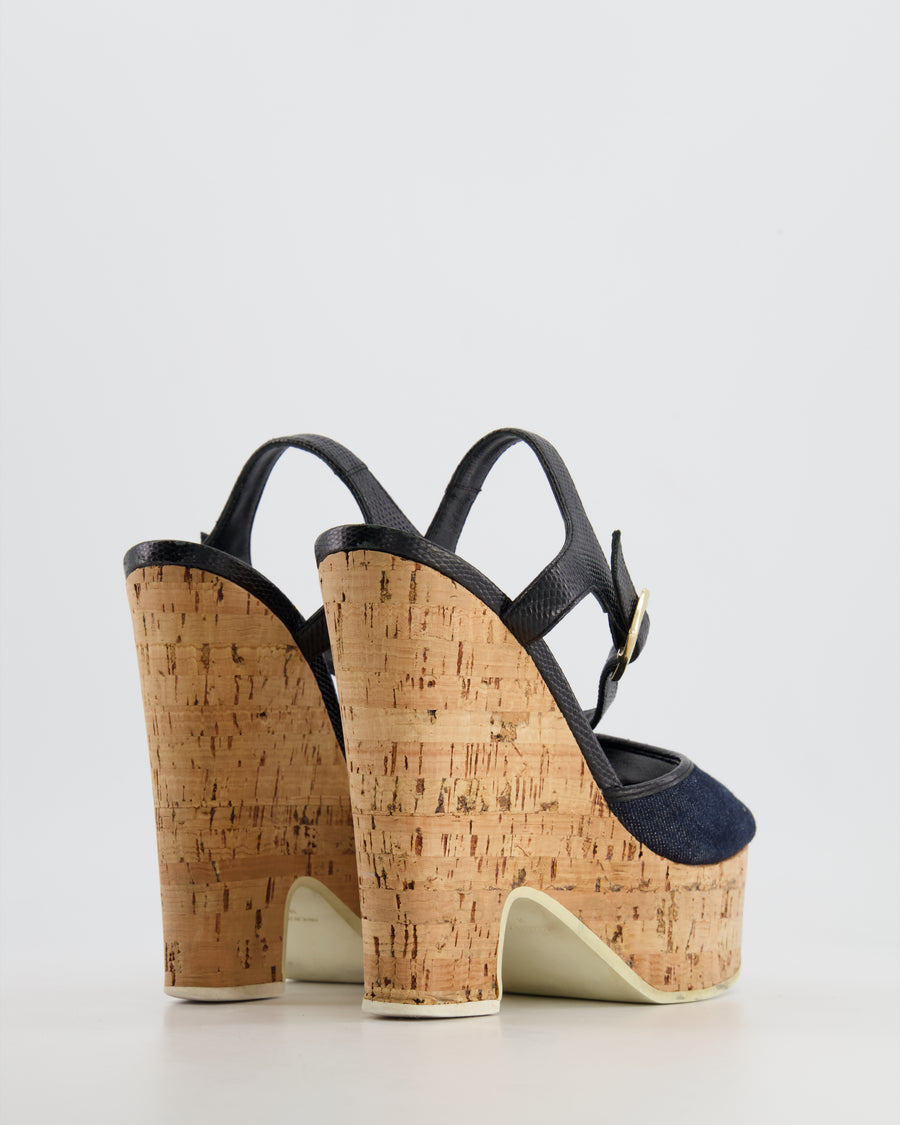 Fendi Navy Denim Sandals with Cork Wedge Heel Size EU 38