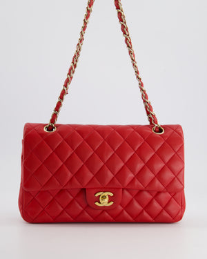 Chanel Medium Red Classic Double Flap Bag in Lambskin Leather with Brushed Gold Hardware