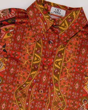 Fendi Orange Silk Printed Long-Sleeve Button Down Shirt Size IT 40/42 (UK 8/ 10)