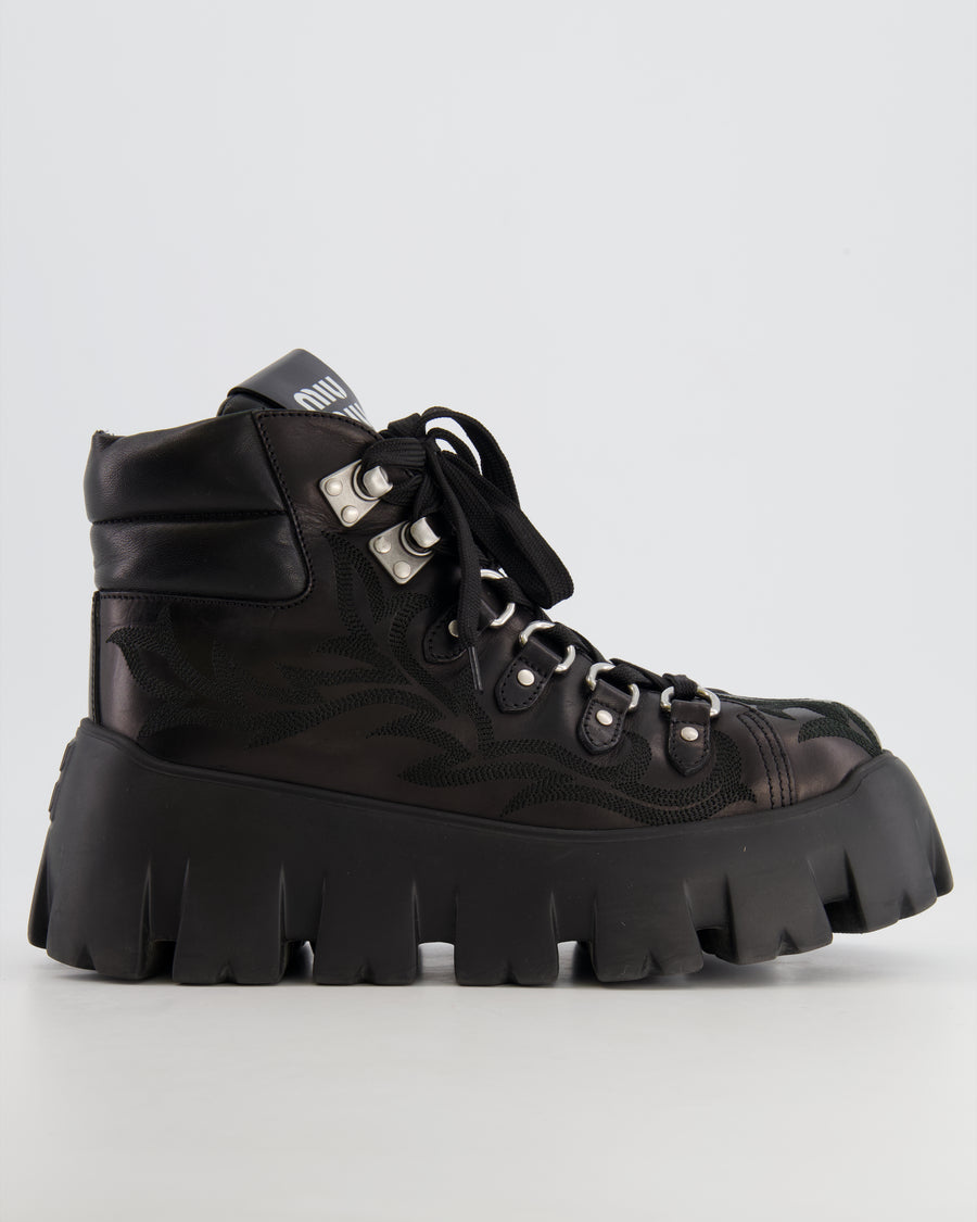 Miu Miu Black Leather Chunky Platform Boots with Logo and Embroideries Size EU 37.5 RRP £1,000