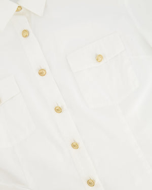 Balmain White Shirt with Gold Buttons and Shoulder Pad Details Size FR 40 (UK 12)