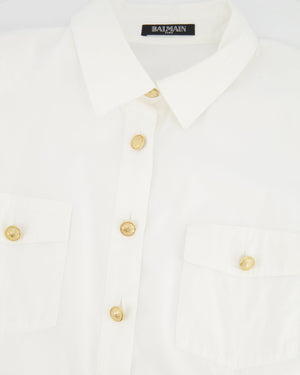 Balmain White Shirt with Gold Buttons and Shoulder Pad Details Size FR 40 (UK 12)