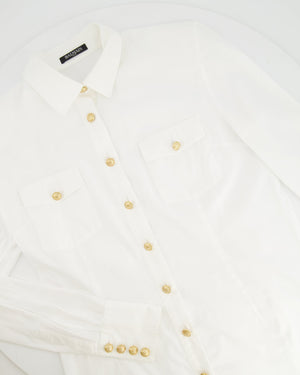 Balmain White Shirt with Gold Buttons and Shoulder Pad Details Size FR 40 (UK 12)