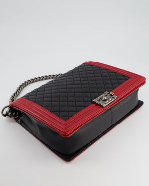 Chanel Black & Red Large Boy Bag in Lambskin Leather with Ruthenium Hardware