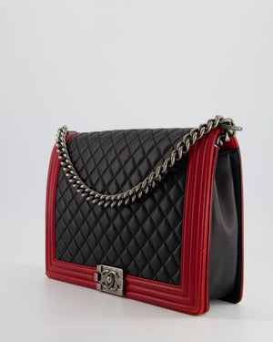 Chanel Black & Red Large Boy Bag in Lambskin Leather with Ruthenium Hardware