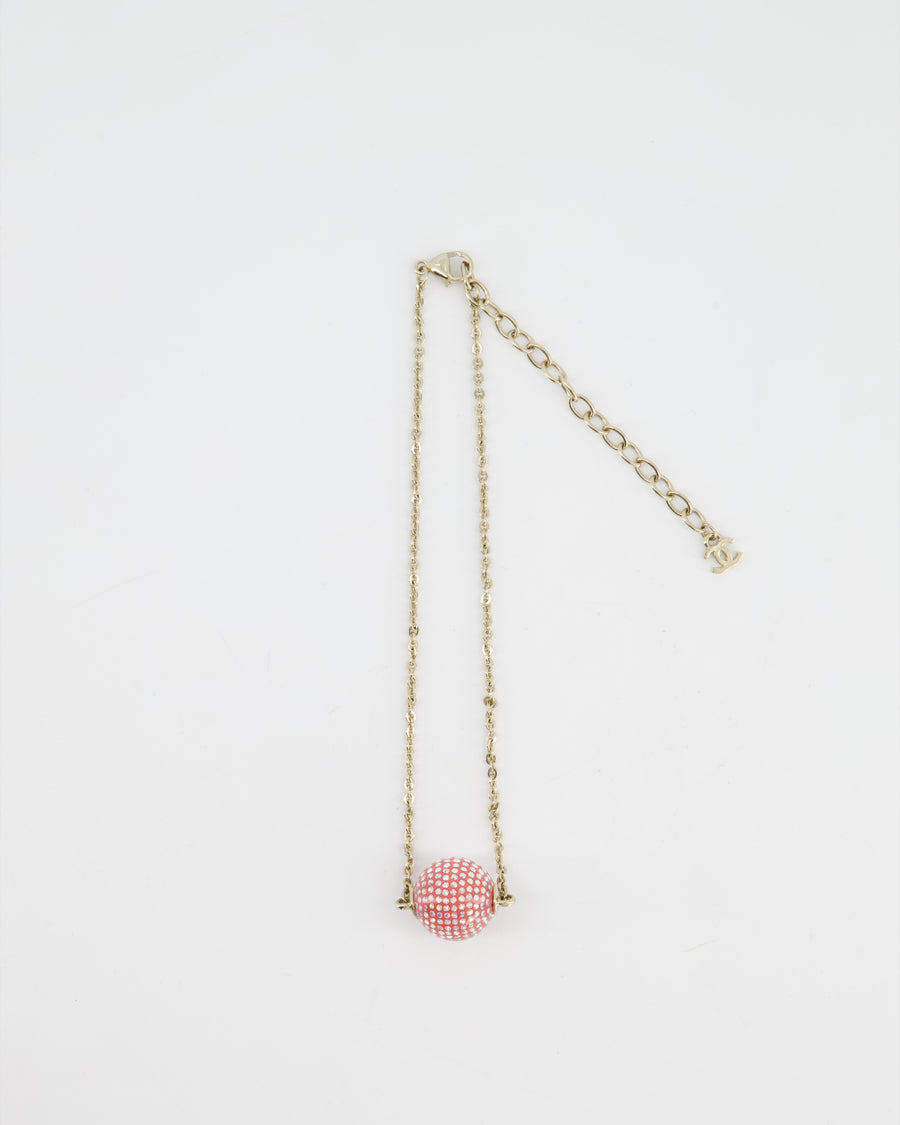 Chanel Champagne Gold Necklace with Pink Ball Pendant