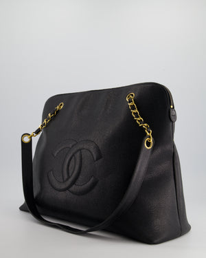 *HOT* Chanel Black Vintage XL Coco Mark Shoulder Bag in Caviar Leather with 24K Gold Hardware