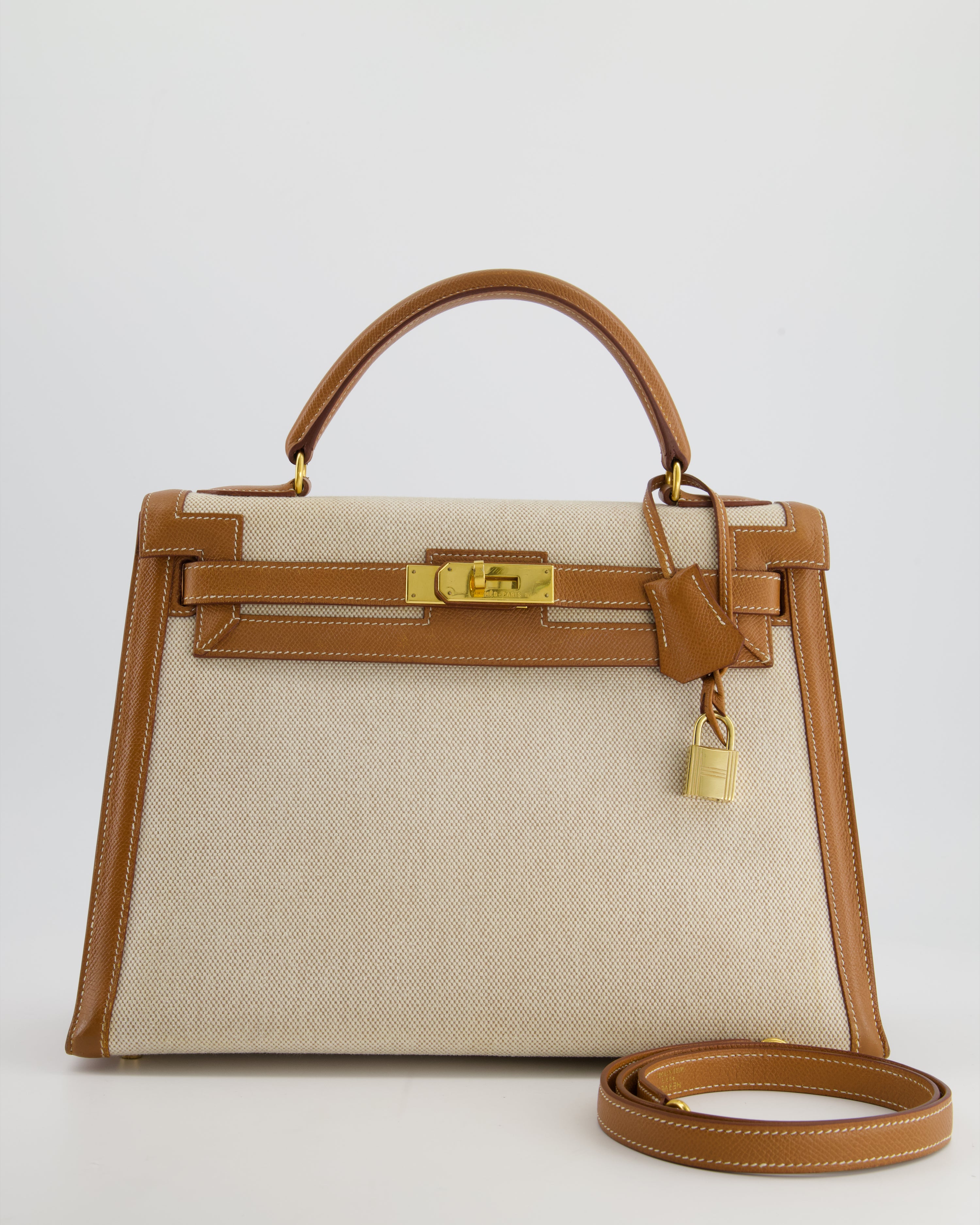 HOT VINTAGE Hermes Kelly 32cm Sellier Bag in Ecru Beige Canvas and G