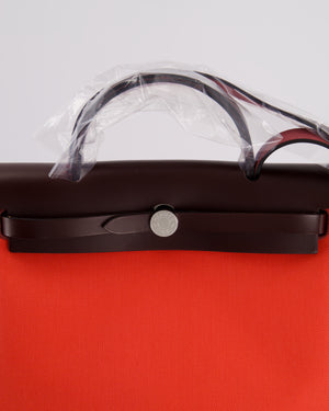 Hermès HerBag 31 Rosé Texas Toile, Rouge Sellier Vache Hunter Leather with Palladium Hardware