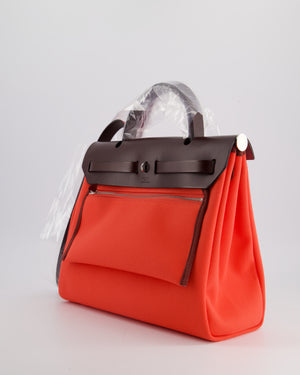 Hermès HerBag 31 Rosé Texas Toile, Rouge Sellier Vache Hunter Leather with Palladium Hardware