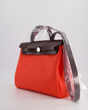 Hermès HerBag 31 Rosé Texas Toile, Rouge Sellier Vache Hunter Leather with Palladium Hardware