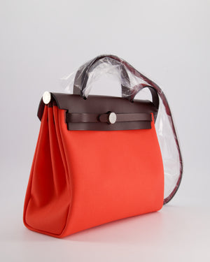 Hermès HerBag 31 Rosé Texas Toile, Rouge Sellier Vache Hunter Leather with Palladium Hardware