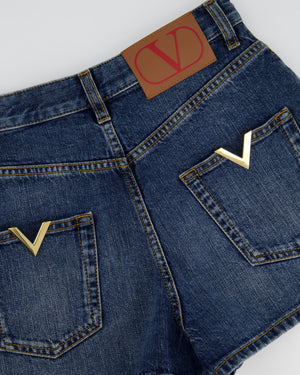 Valentino Dark Denim Shorts with Gold V Logo Back Pocket Detail Size 25 (UK 6)